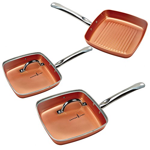 Copper Chef Non-Stick Square Fry Pan 5-Piece Set, 8 Inch Griddle Pan, 9.5 Inch Grill Pan, 11...